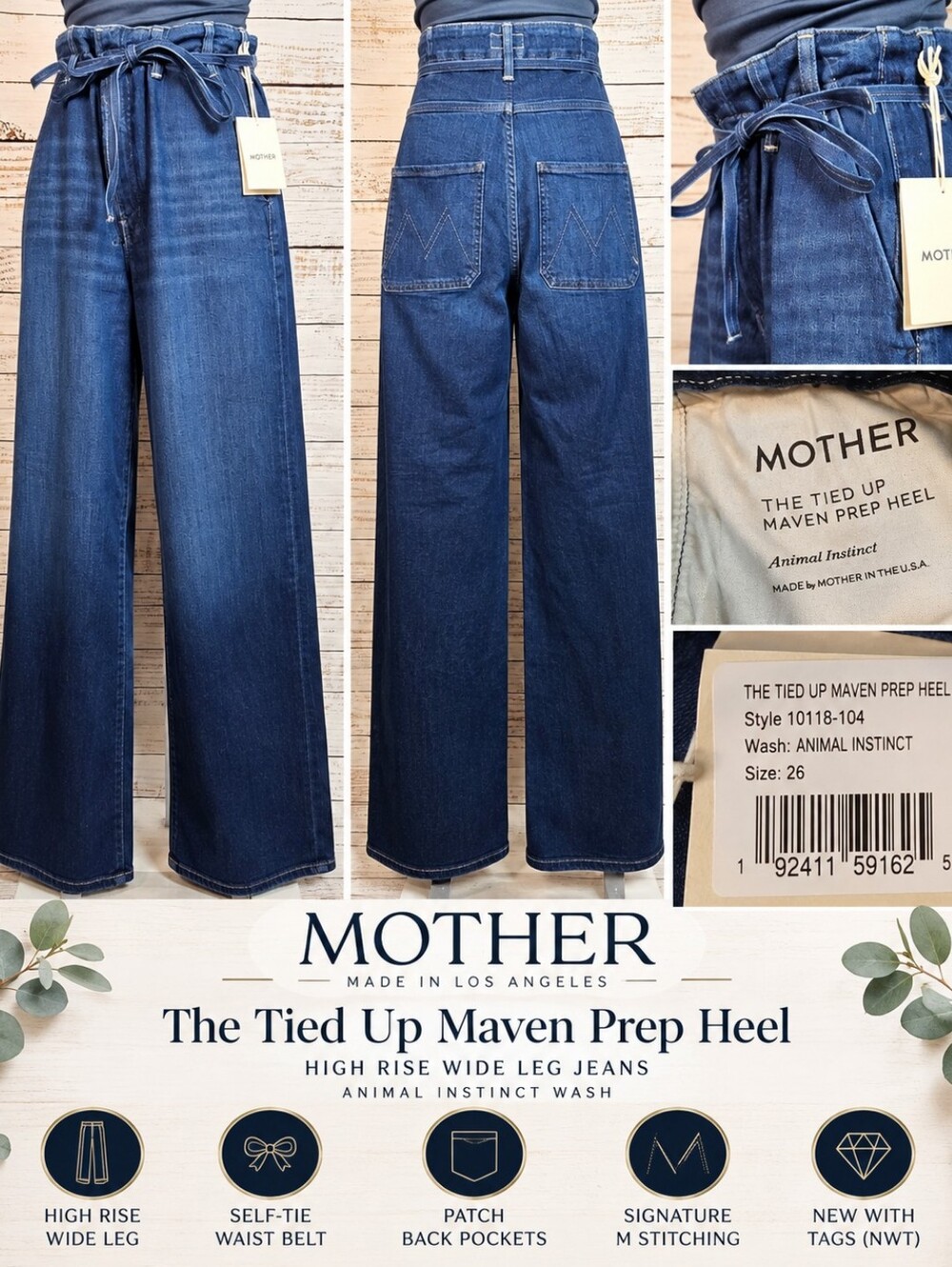 MOTHER The Tied Up Maven Prep Heel High Rise Wide Leg Jeans 26 NWT